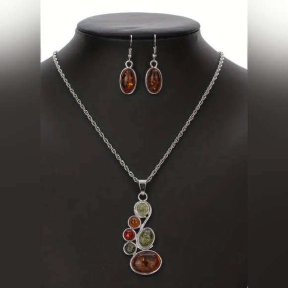 2/$40 NEW Western Boho Elegant Amber and Silver Necklace Earring Set (#0173) - Picture 2 of 6